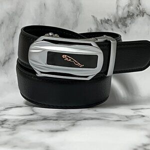 Black Leather Belt Automatic Silver Buckle Slide Belts No Hole Leather Strap New